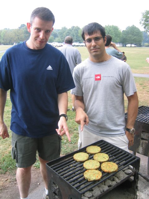 2005 NJ picnic.  two hungry engineers, skeptical over Dr. Praeger's veggie burgers