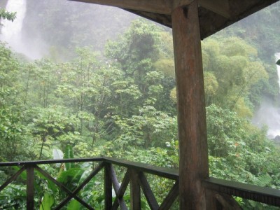 view from the pavillion, capturing part of both waterfalls