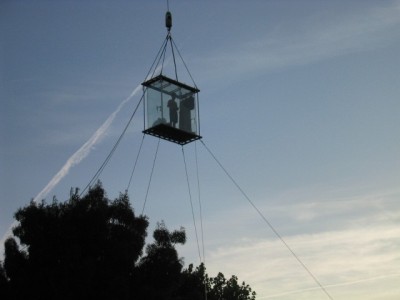 David Blaine in his suspended glass box