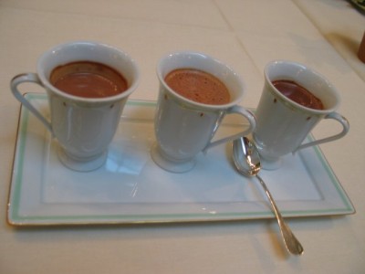 Hot chocolate tasting at Hotel Meurice: plain, cinnamon, and orange